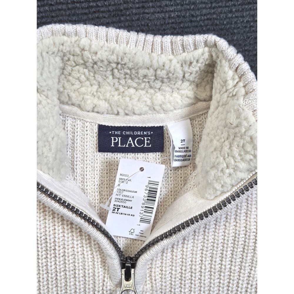 The Children's Place Quarter Zip Sweater Boys 2T Vanilla Ribbed Sherpa Lined NEW